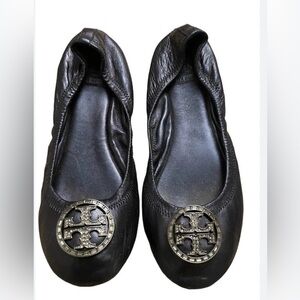 Tory Burch Black Violet Ballet Leather Crystal Logo Flats